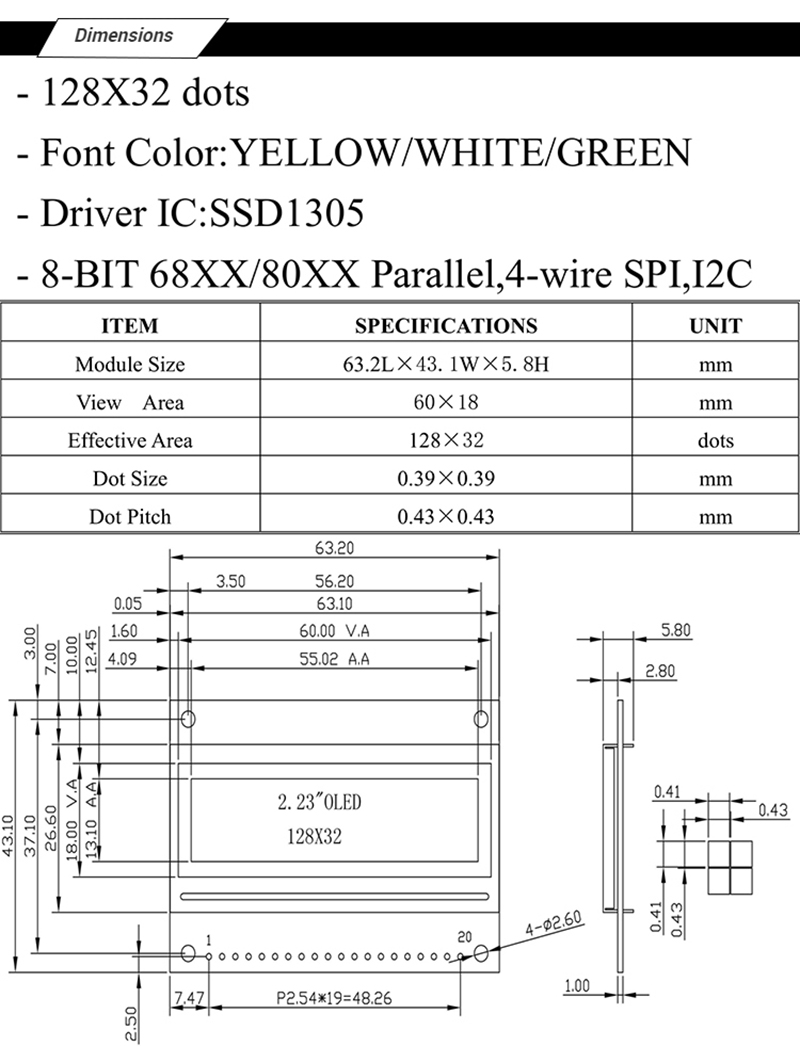 Spi I2C 128x32 Oled Display Module 