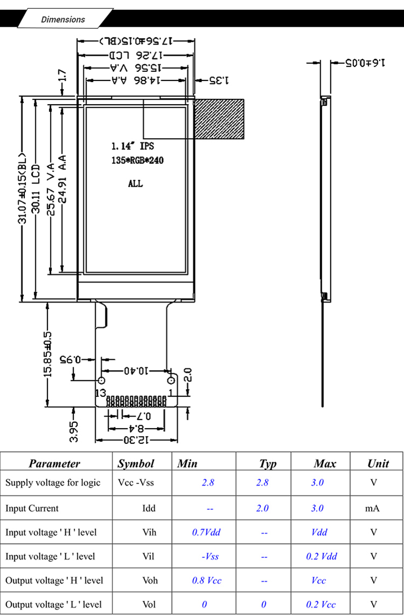 1.14 inch Micro IPS TFT LCD Display 135x240 