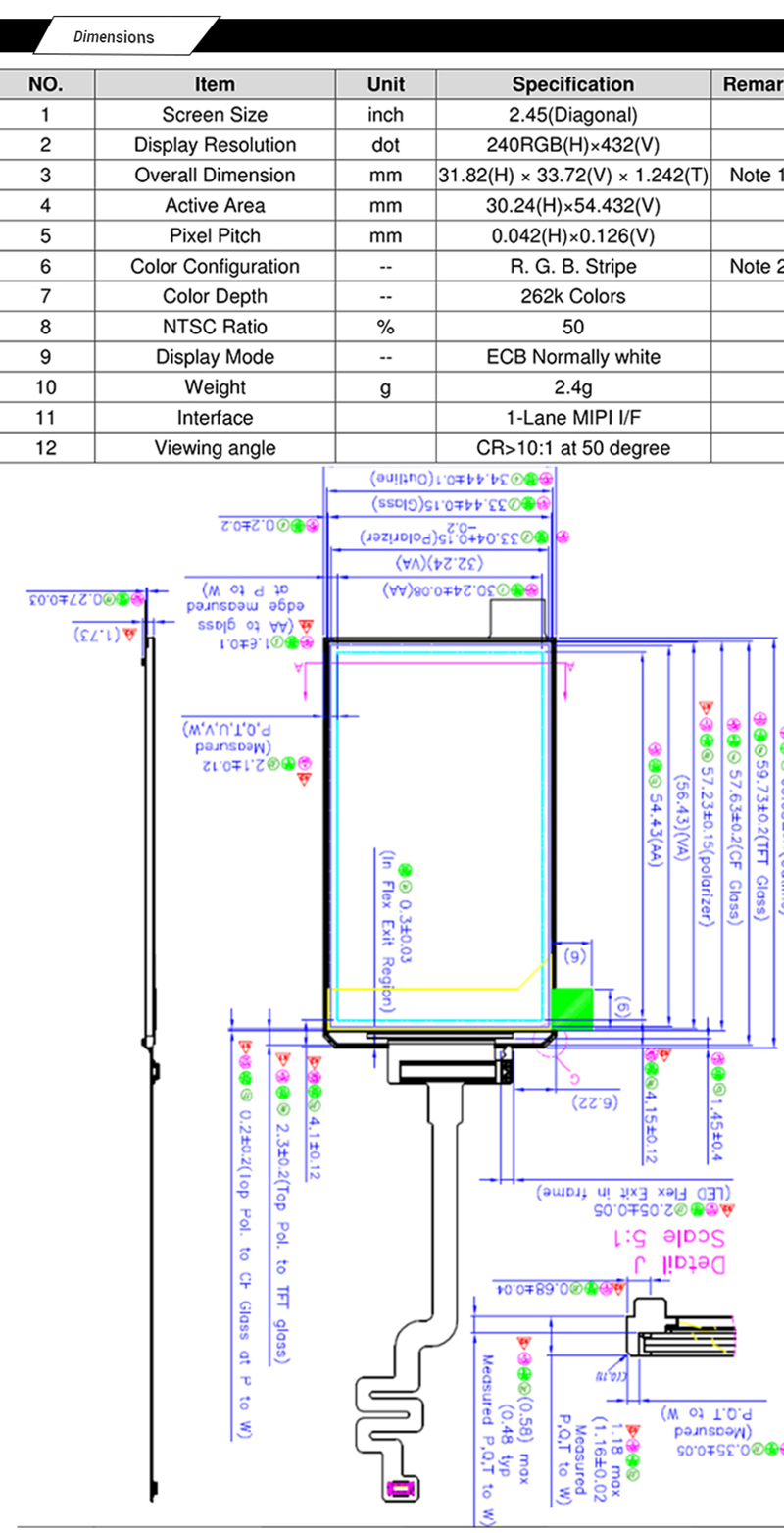 AUO 2.45 inch TFT LCD Display Module 240x432 