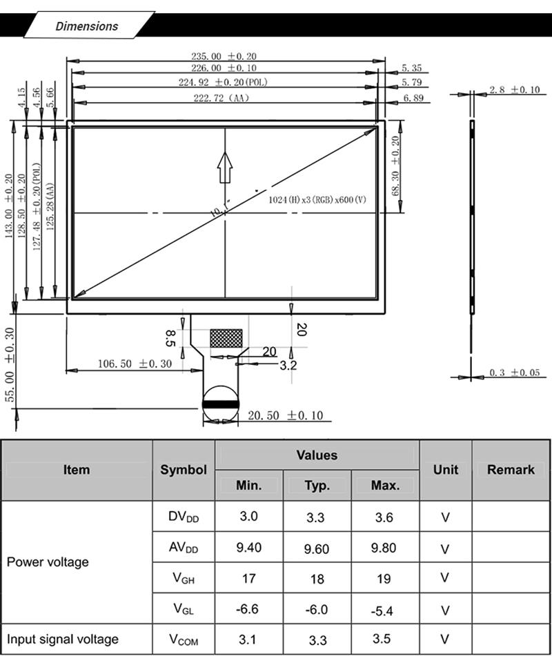 10.1 TFT LCD Display Module 1024X600