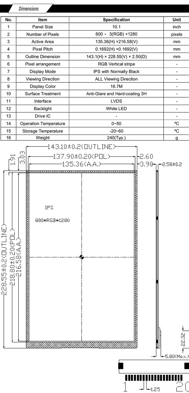 10.1 TFT LCD Display Module 800x1280