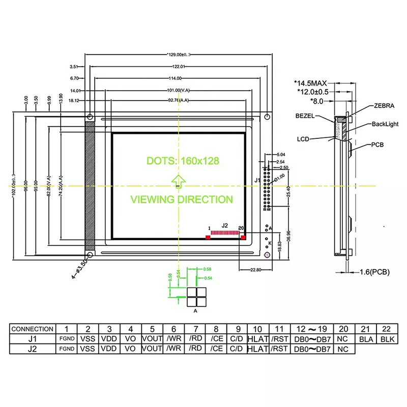 160x128 Dot Matrix Graphic LCD Display