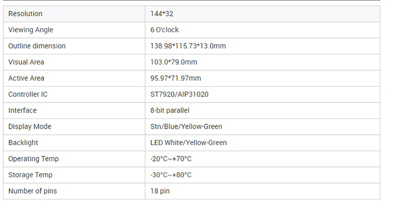 144x32 Monochrome LCD Graphic Display