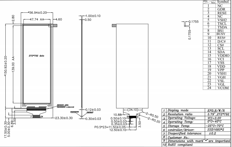 epd display eink screen 272x792