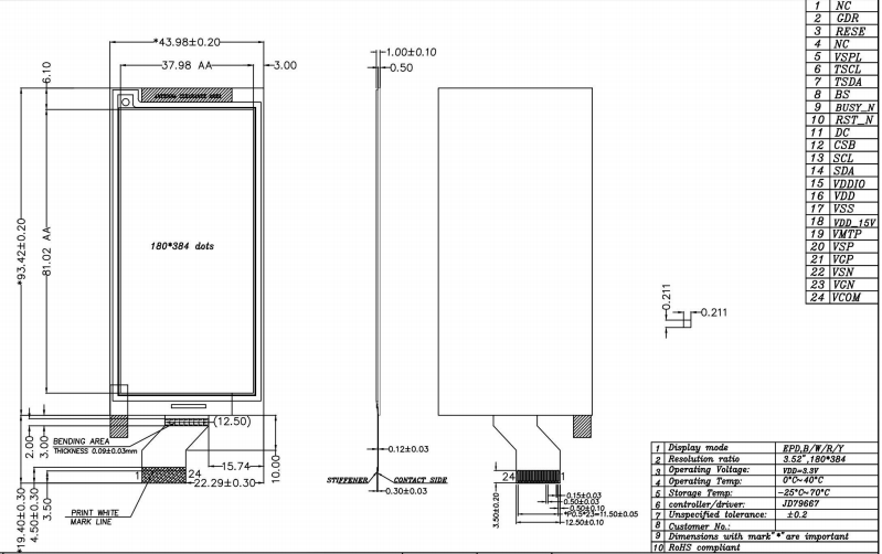 eink display epaper screen 180x384
